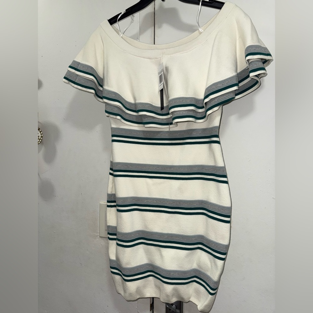 Bloomingdale's Cream and Green Striped Mini Dress